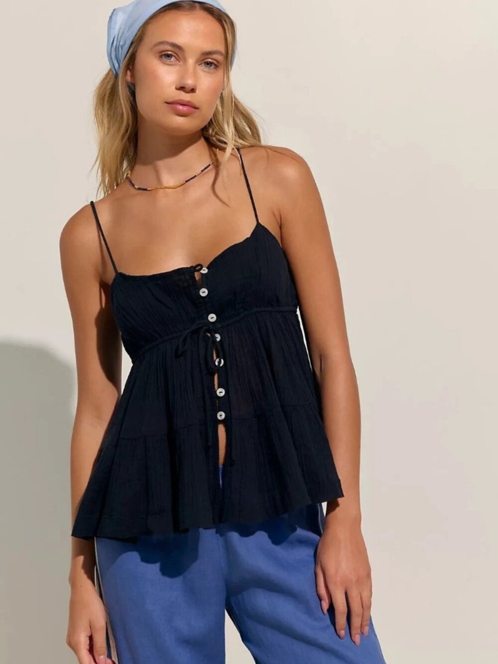 Free People Free-Est Heatwave Cami Blouse Top Buttondown Black Cotton L 290453
